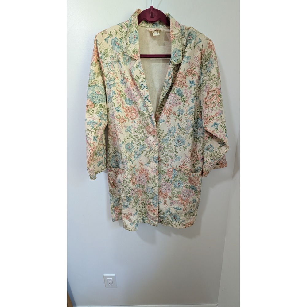 Vintage Vermillion Floral Tapestry Jacket Pastel Long USA Medium Cottagecore